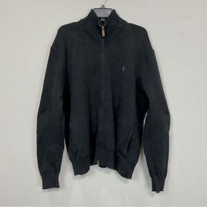 Polo Ralph Lauren Black Cardigan Sweater Sz L Full Double Zip Cotton Mock Neck
